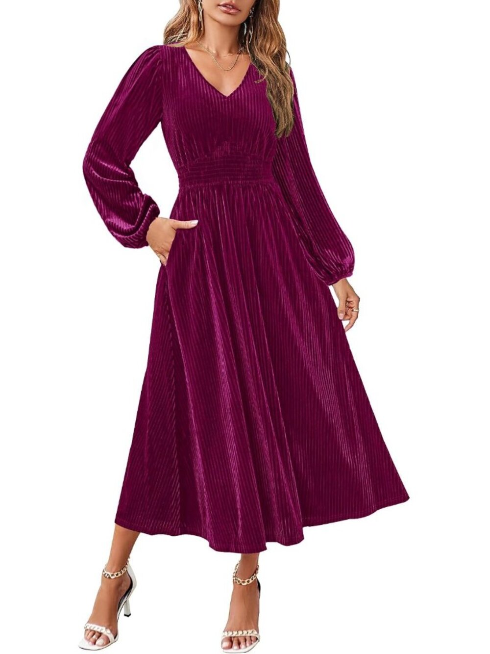 Women's Velvet Wedding Guest Cocktail Long Sleeve Winter Dress